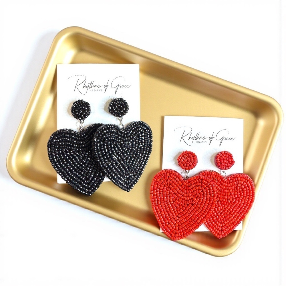 Beaded Heart Statement Earrings Red Black Choose Color NWT